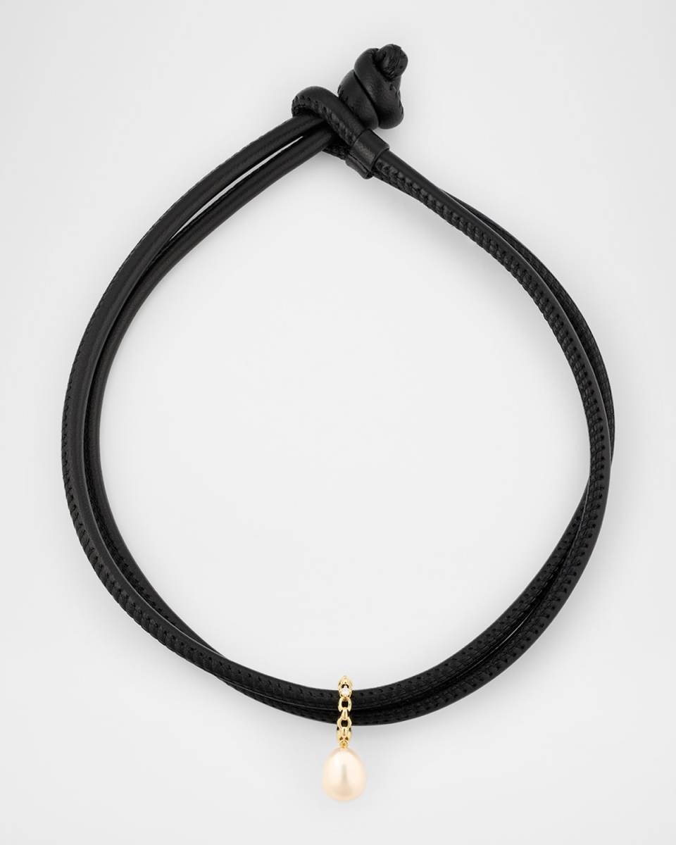 14K Yellow Gold Diamond and Freshwater Pearl Choker Necklace on Leather Chain